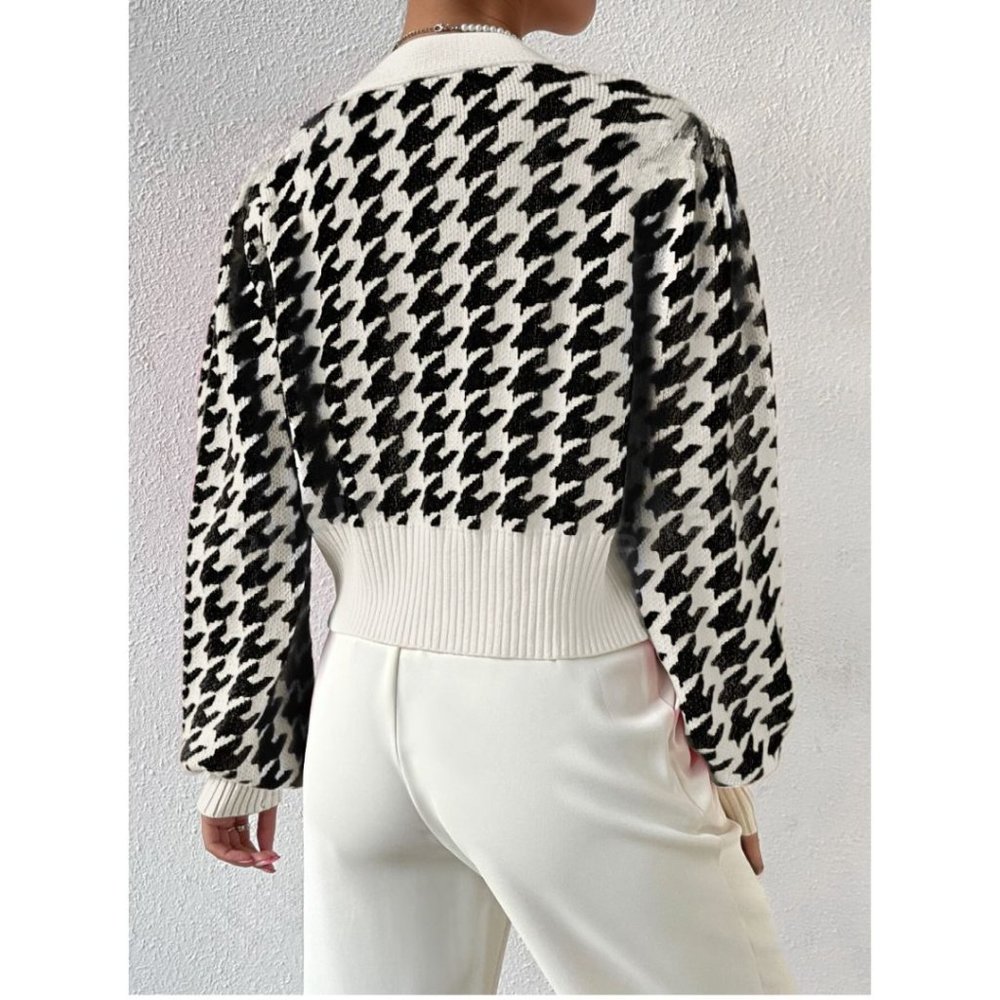 Houndstooth Lantern Sleeve Cardigan Black/White - Picture 3 of 9